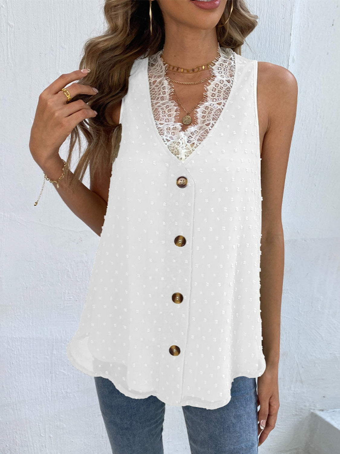 Swiss Dot Lace Detail V-Neck Tank - Stormyjay