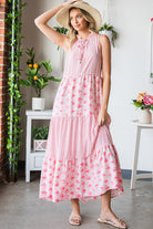 Pink Abstract Print Patchwork Sleeveless V Neck Tiered Dress - Stormyjay