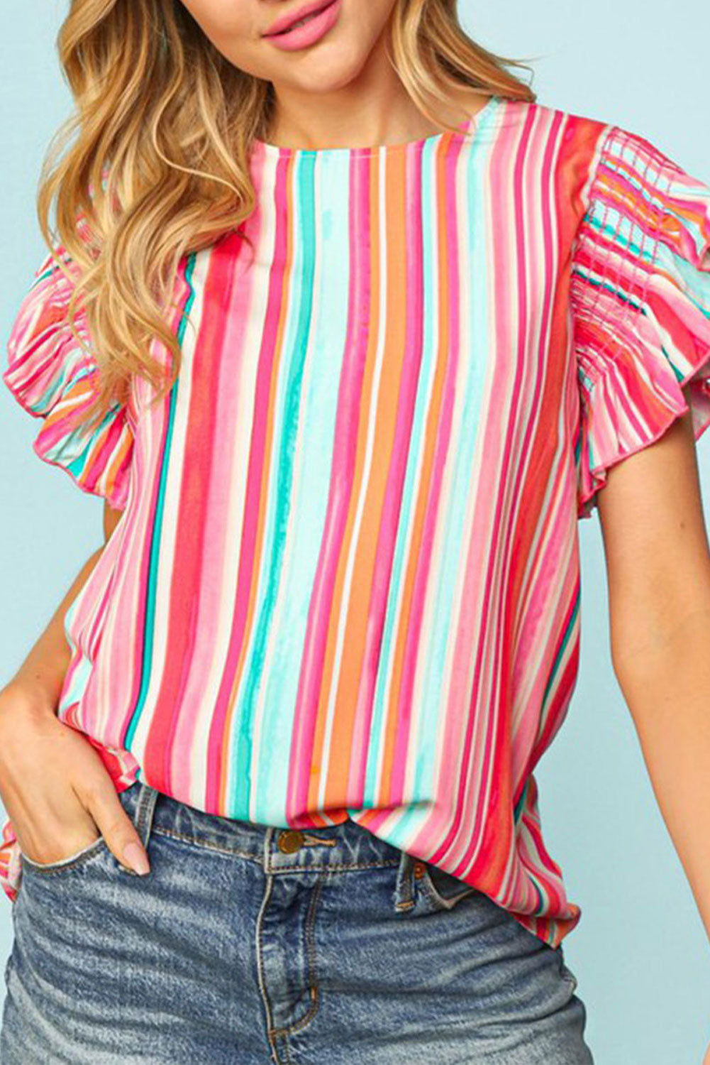 Multicolor Abstract Print Ruffle Sleeve Casual Blouse for Women - Stormyjay