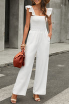 Apricot Smocked Ruffle Strap Pocket Wide Leg Jumpsuit - Stormyjay