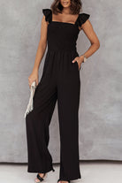 Apricot Smocked Ruffle Strap Pocket Wide Leg Jumpsuit - Stormyjay