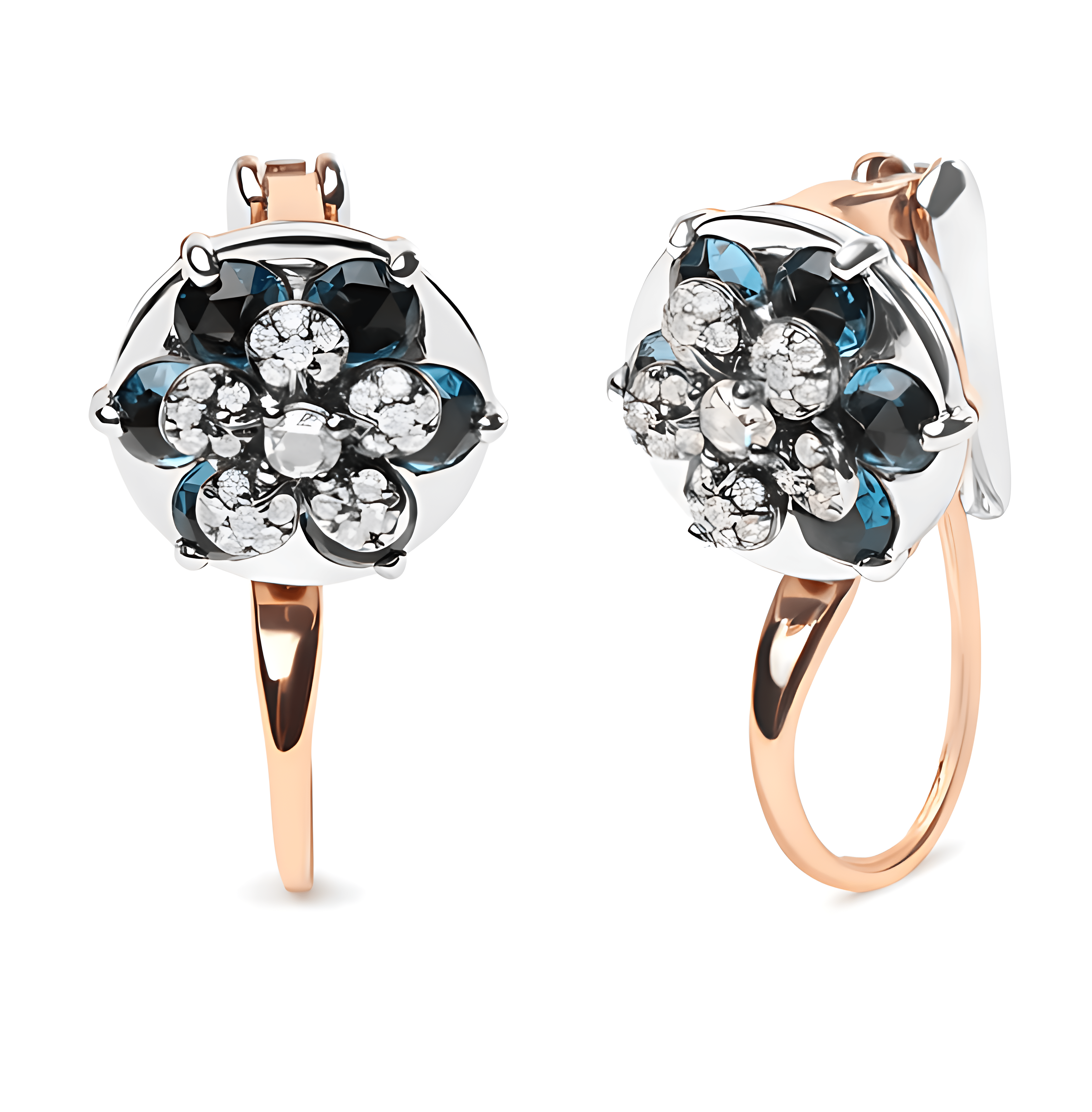 18K Rose and White Gold 1/3 Cttw Round Diamonds and Round London Blue Topaz Gemstone Cluster Floral Drop Hoop Earrings (G-H Color, SI1-SI2 Clarity) - Stormyjay