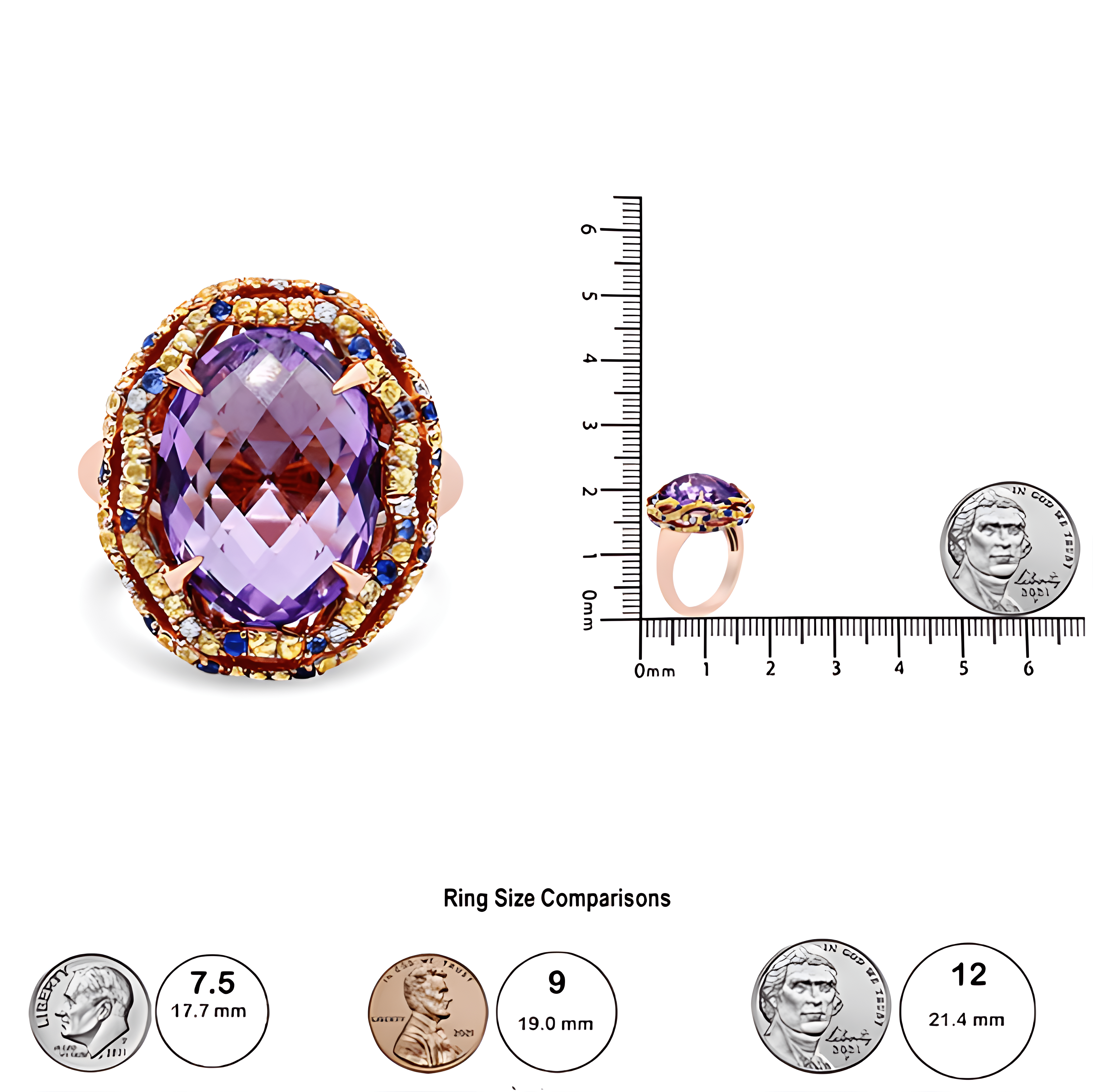 18K Yellow and Rose Gold Claw Prong Set Checkerboard Cut Purple Amethyst, Blue & Yellow Sapphire, Diamond Accent Cocktail Ring Band (F-G Color, VS1-VS2 Clarity) - Stormyjay