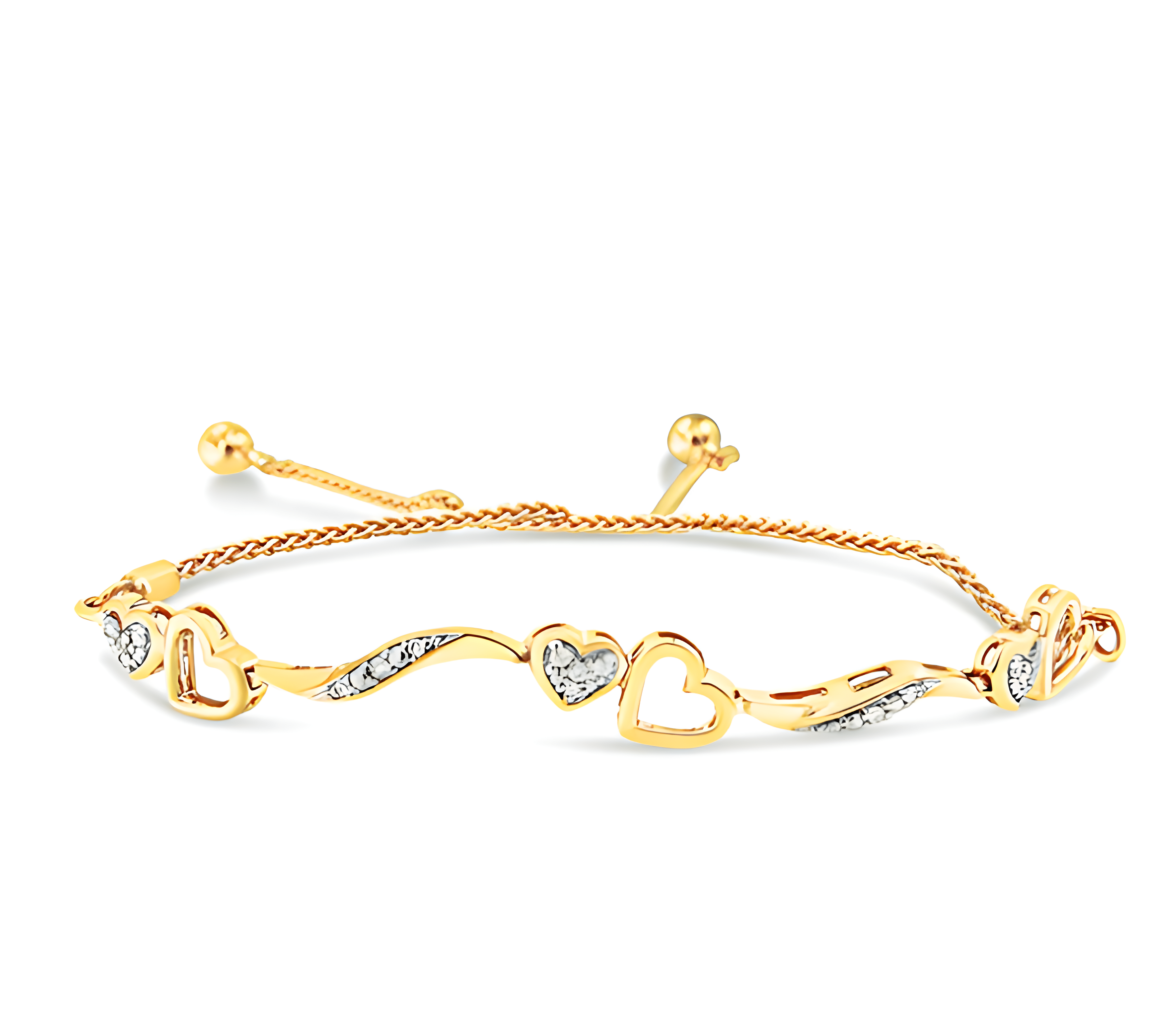 14K Yellow Gold Plated .925 Sterling Silver 1/10 Cttw Diamond Wave and Hearts 4”-10” Adjustable Bolo Bracelet (I-J Color, I3 Clarity) - Stormyjay