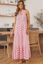 Pink Abstract Print Patchwork Sleeveless V Neck Tiered Dress - Stormyjay