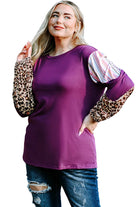 Purple Color Block Leopard Striped Sleeve Plus Size Top - Stormyjay