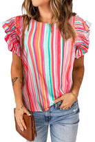 Multicolor Abstract Print Ruffle Sleeve Casual Blouse for Women - Stormyjay