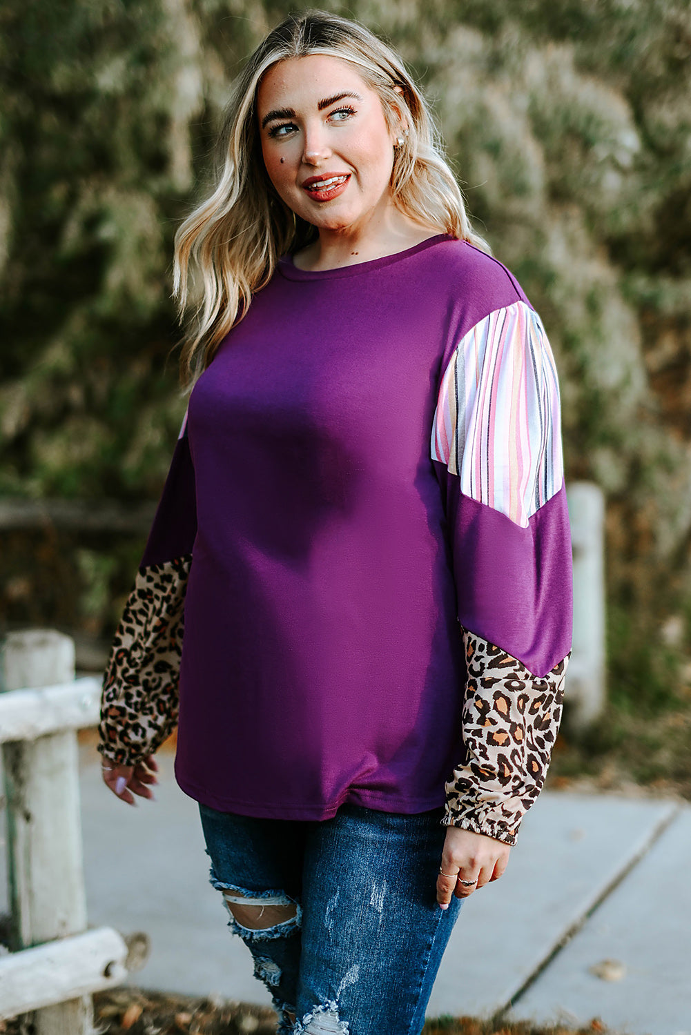 Purple Color Block Leopard Striped Sleeve Plus Size Top - Stormyjay