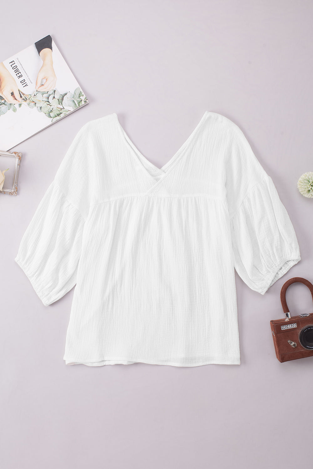 White Plain Gauze Cotton V Neck Top for Women - Stormyjay