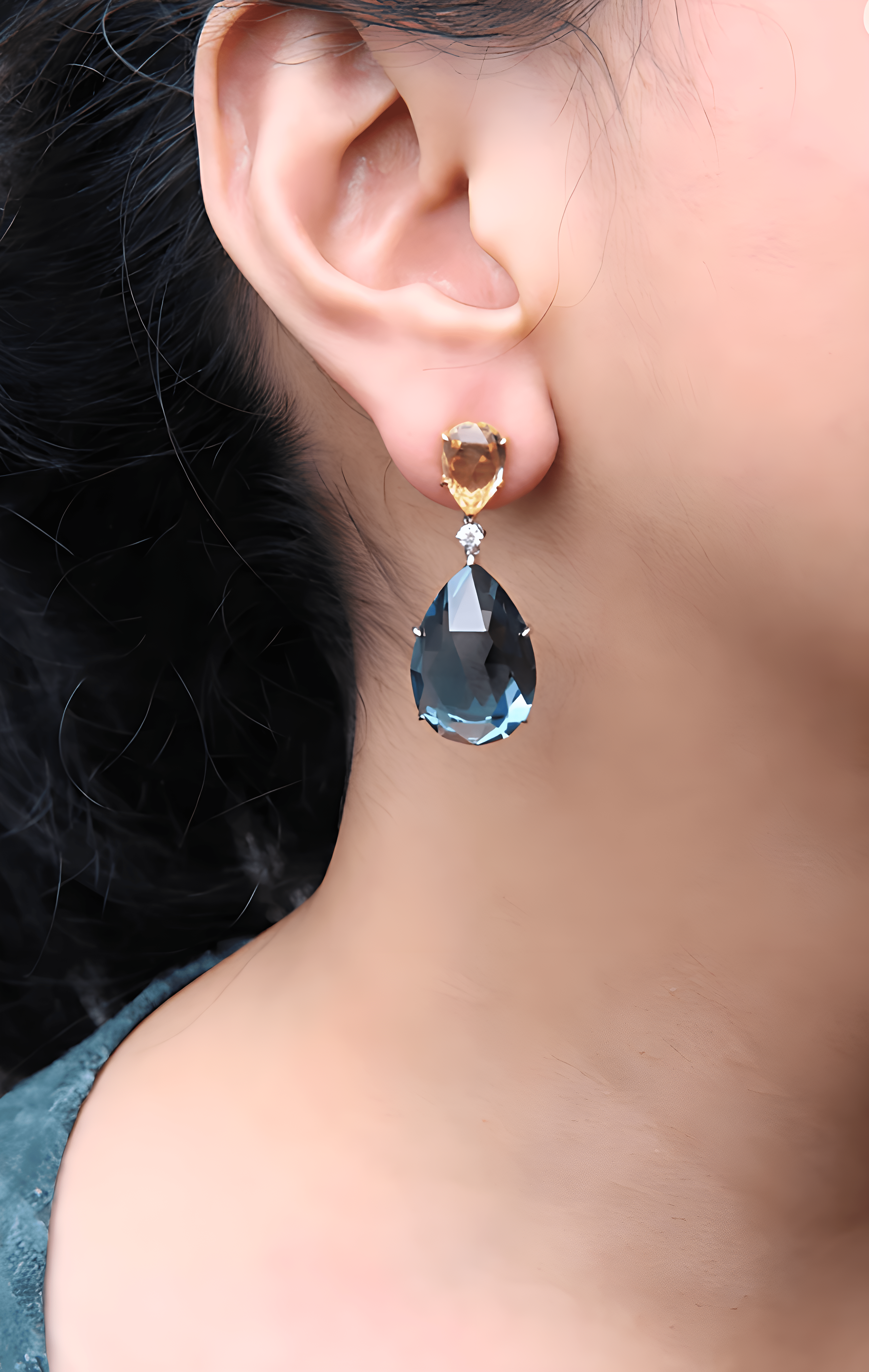 18K White and Yellow Gold 1/5 Cttw Diamond with Pear Cut Lemon Quartz and Pear Cut London Blue Topaz Gemstone Dangle Earring (G-H Color, SI1-SI2 Clarity) - Stormyjay