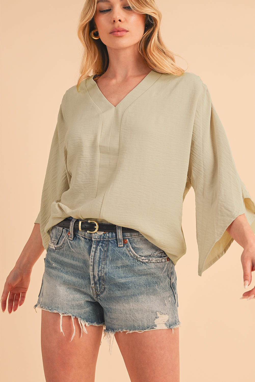 Parchment Solid Color Crinkled V Neck Ruffled Sleeve Blouse - Stormyjay