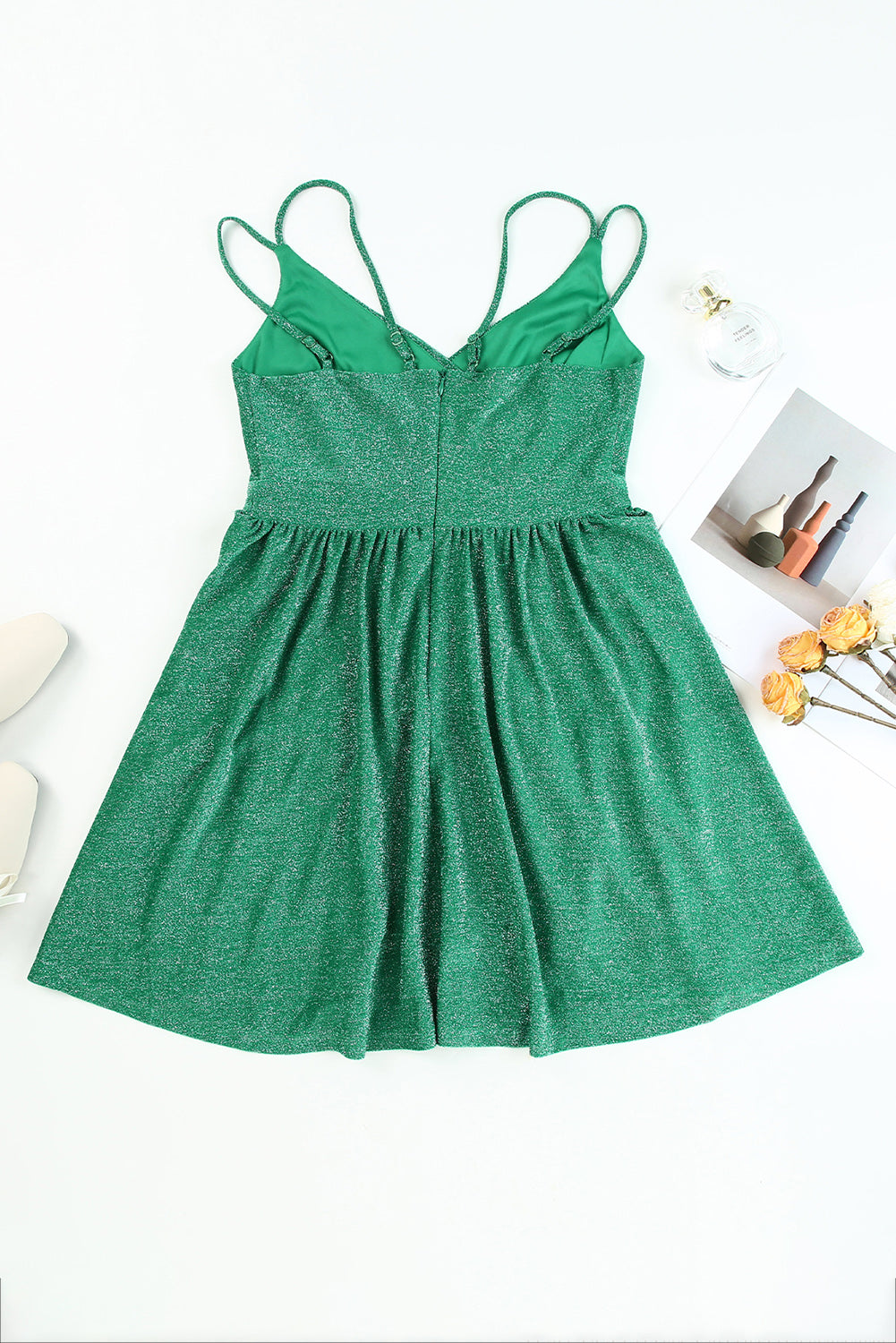 Green Double Straps Metallic Shining Skater Dress - Stormyjay