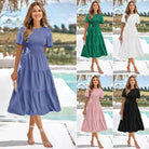 Women's Round Neck Smocked Short Sleeve Casual Dress Swing Flowy Ruffle Hem Mini Beach Summer Dresses - Stormyjay