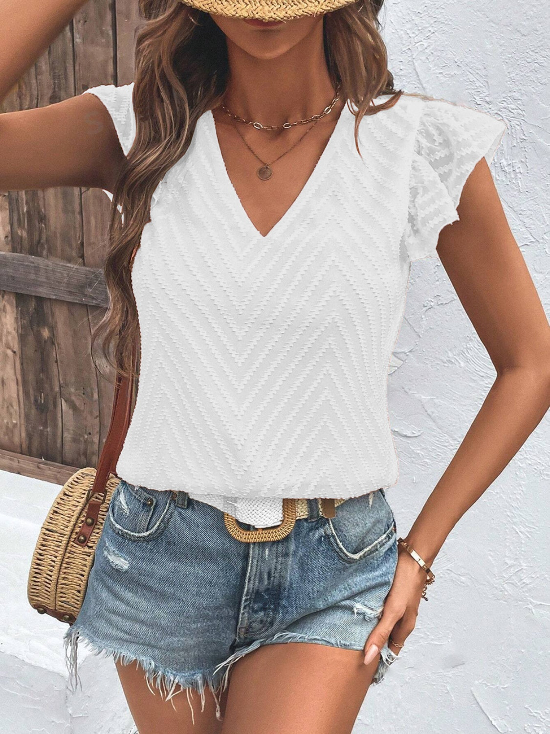 Textured V-Neck Cap Sleeve Blouse - Stormyjay