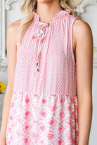 Pink Abstract Print Patchwork Sleeveless V Neck Tiered Dress - Stormyjay