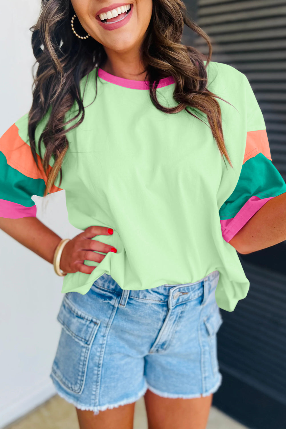 Green Color Block Sleeve Round Neck Oversize Top - Stormyjay