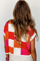 Grapefruit Orange Checkered Color Block Cap Sleeve Knitted Top - Stormyjay