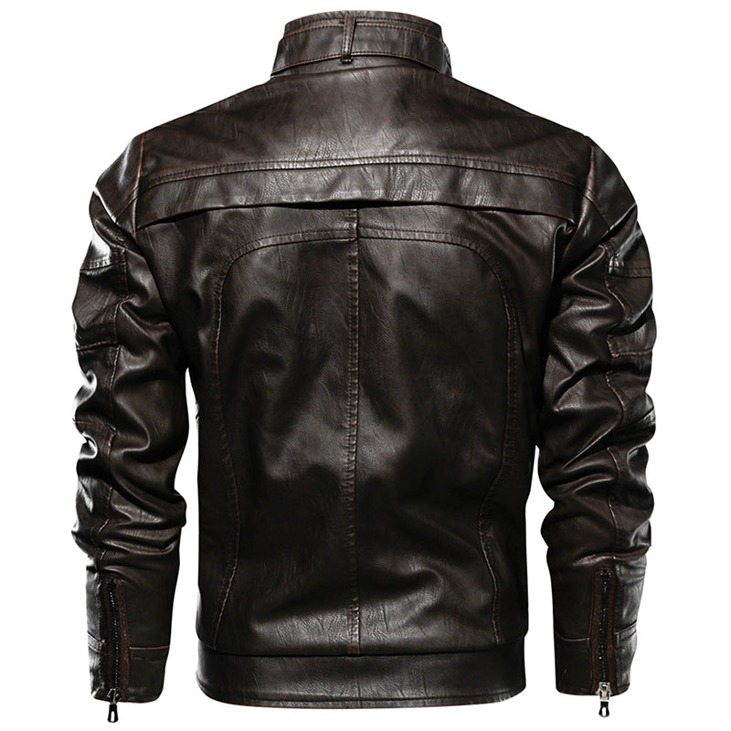 Men PU Leather Jacket Thick Motorcycle Leather Jacket Fashion Vintage Fit Coat - Stormyjay