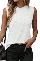 White Solid Color Crew Neck Pleated Tank Top - Stormyjay