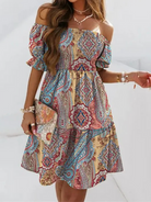 Printed Off the Shoulder Ruffle Pleated Dress HWUDKUPMLN - Stormyjay