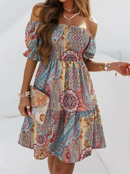 Printed Off the Shoulder Ruffle Pleated Dress HWUDKUPMLN - Stormyjay