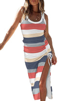 Multicolor Striped Color Block Ribbed Knit Lace-up Slit Tank Dress - Stormyjay