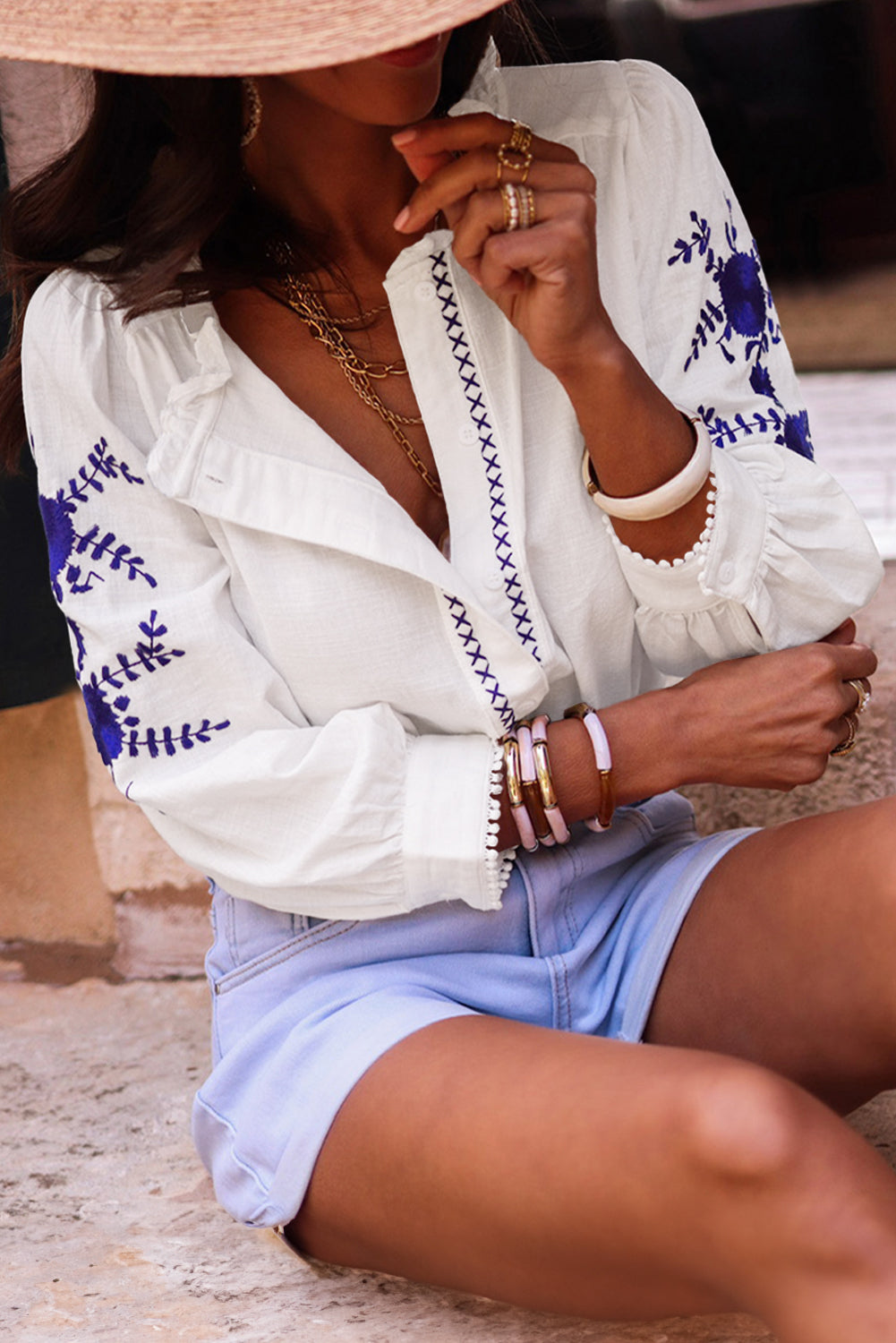 White Floral Embroidered Button Up Boho Blouse - Stormyjay