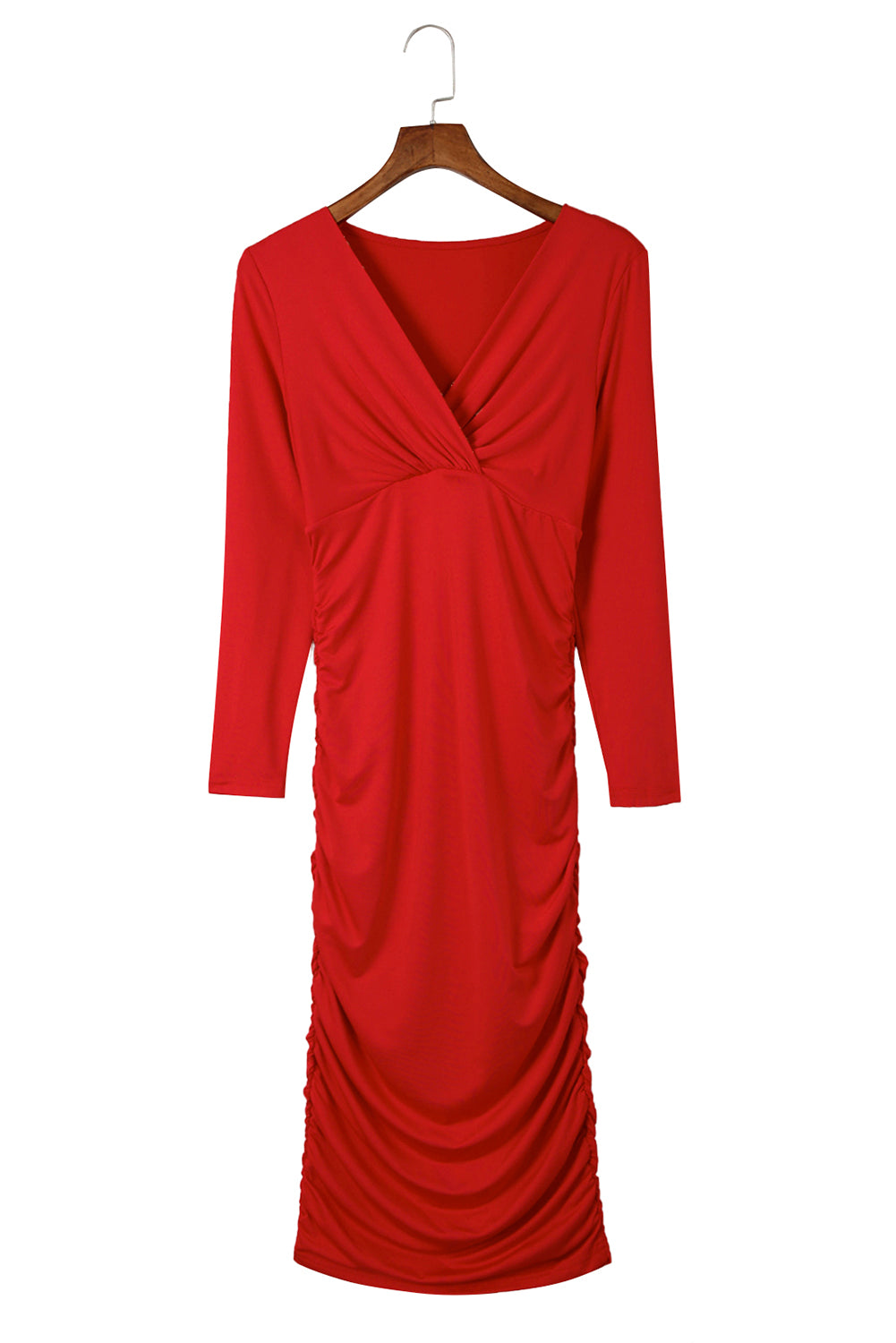 Fiery Red Long Sleeves Wrap V Neck Ruched Sheath Bodycon Dress - Stormyjay