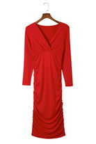 Fiery Red Long Sleeves Wrap V Neck Ruched Sheath Bodycon Dress - Stormyjay