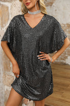 Dark Grey Sequin V Neck Dolman Sleeve Shift Dress - Stormyjay