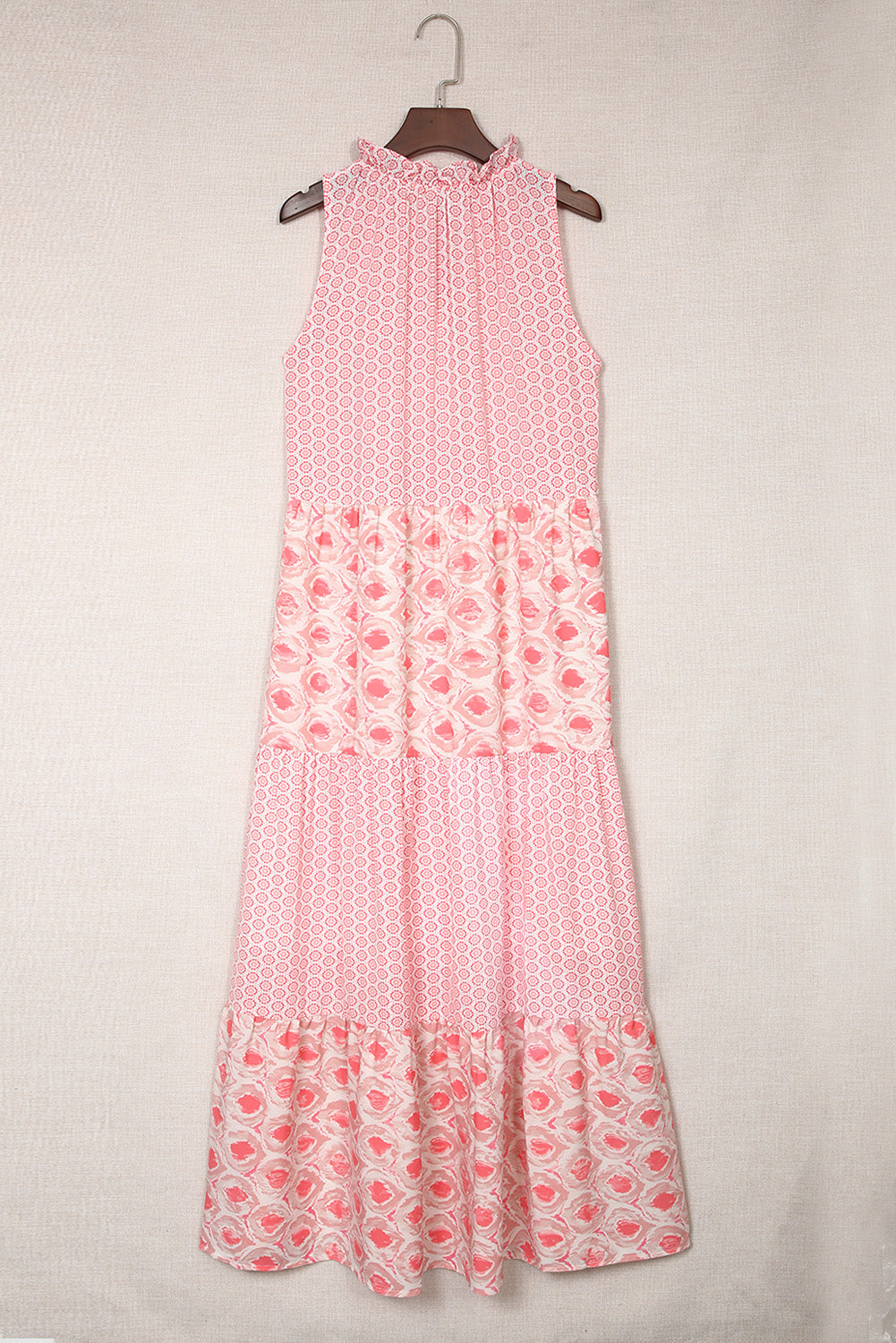 Pink Abstract Print Patchwork Sleeveless V Neck Tiered Dress - Stormyjay