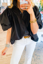 Black Ruched Puff Sleeve Loose Buttoned Up Blouse - Stormyjay