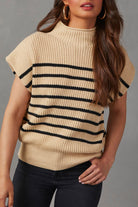 Parchment Striped Knit Mock Neck Short Sleeve Sweater - Stormyjay