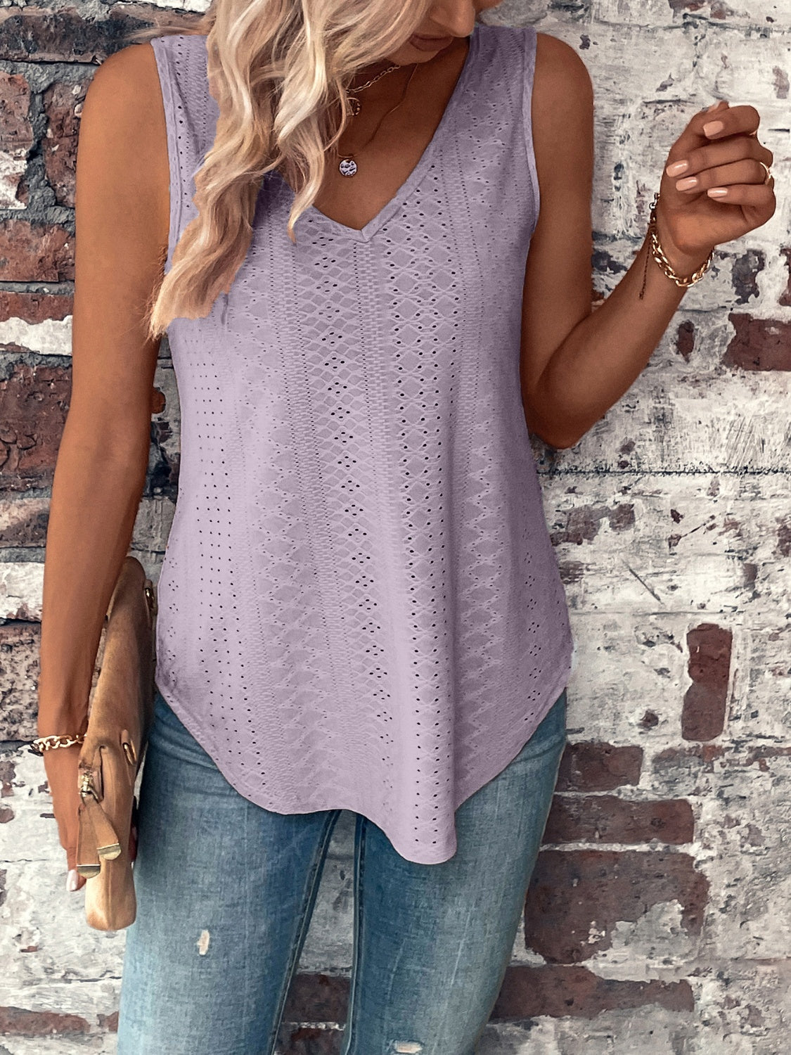 Eyelet V-Neck Wide Strap Tank - Stormyjay