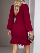 Women's Dress Puff Sleeve Plain Color Ruffle Hem 
 HW58R7Q7QX - Stormyjay