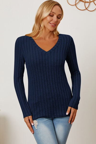 Basic Bae Full Size Ribbed V-Neck Long Sleeve T-Shirt - Stormyjay