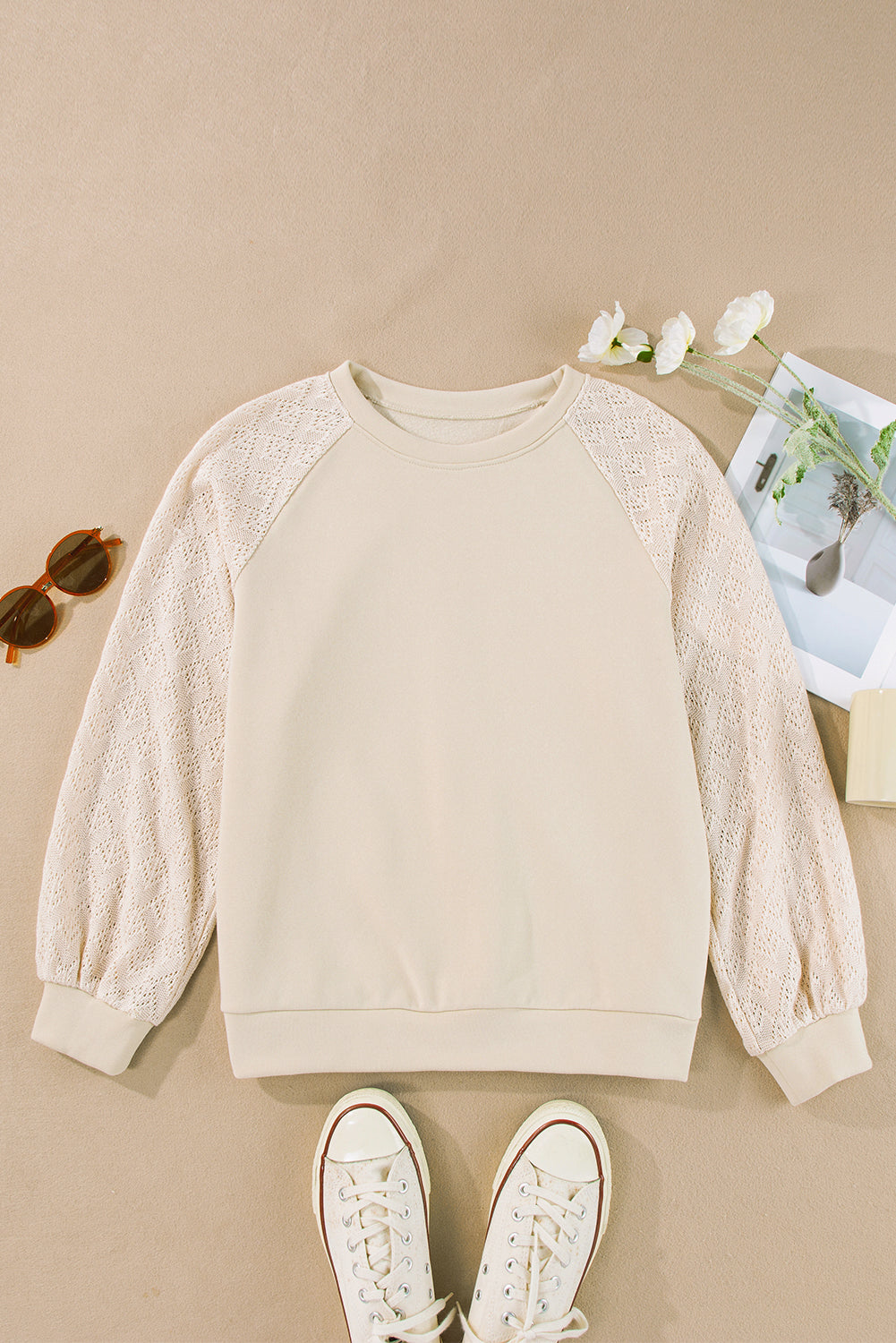 Parchment Eyelet Knit Patchwork Raglan Sleeve Sweatshirt - Stormyjay