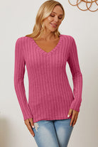 Basic Bae Full Size Ribbed V-Neck Long Sleeve T-Shirt - Stormyjay