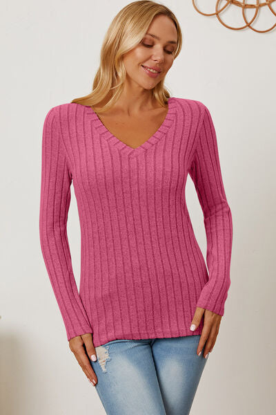 Basic Bae Full Size Ribbed V-Neck Long Sleeve T-Shirt - Stormyjay