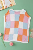 Grapefruit Orange Checkered Color Block Cap Sleeve Knitted Top - Stormyjay