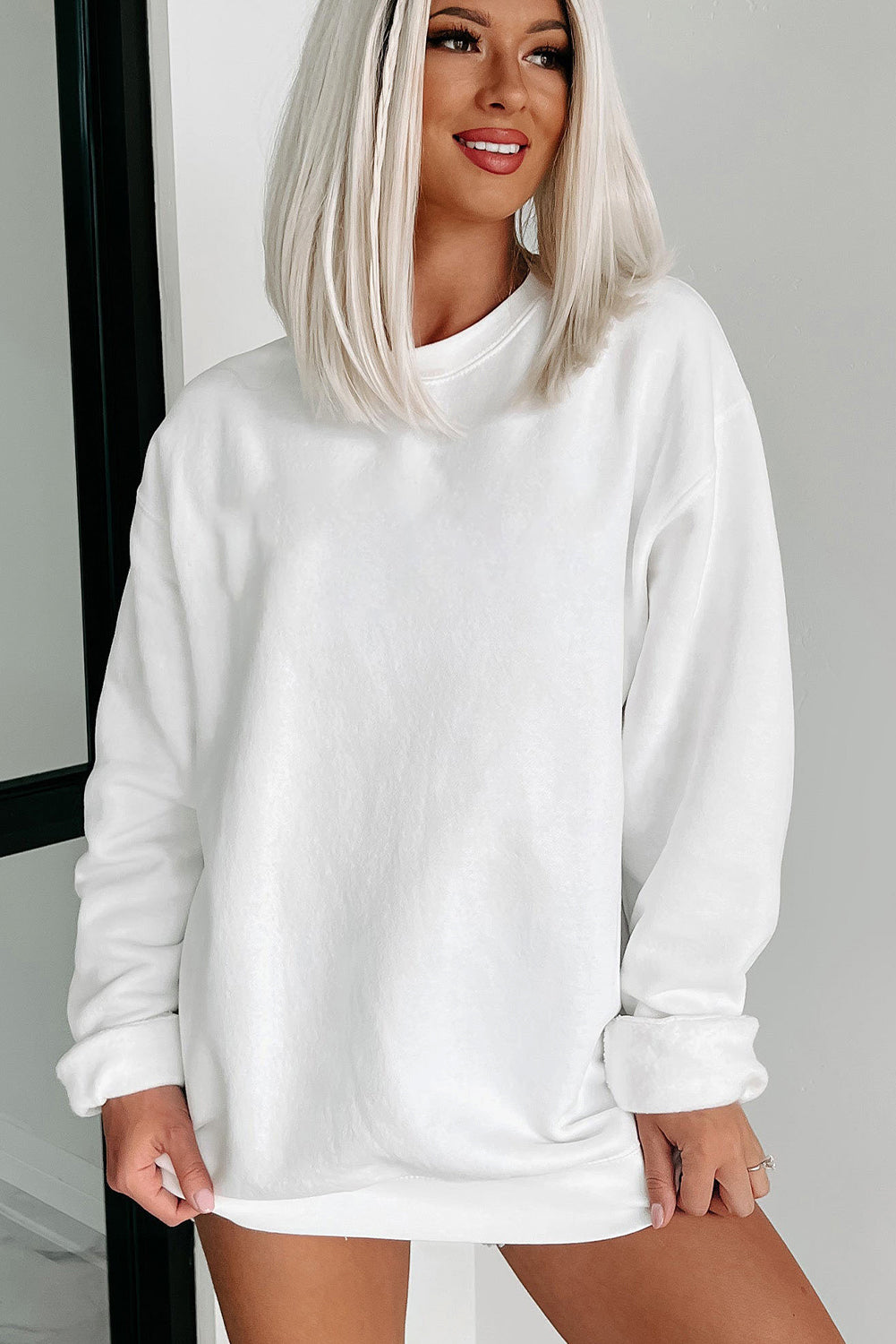 Parchment Solid Fleece Loose Crew Neck Sweatshirt - Stormyjay