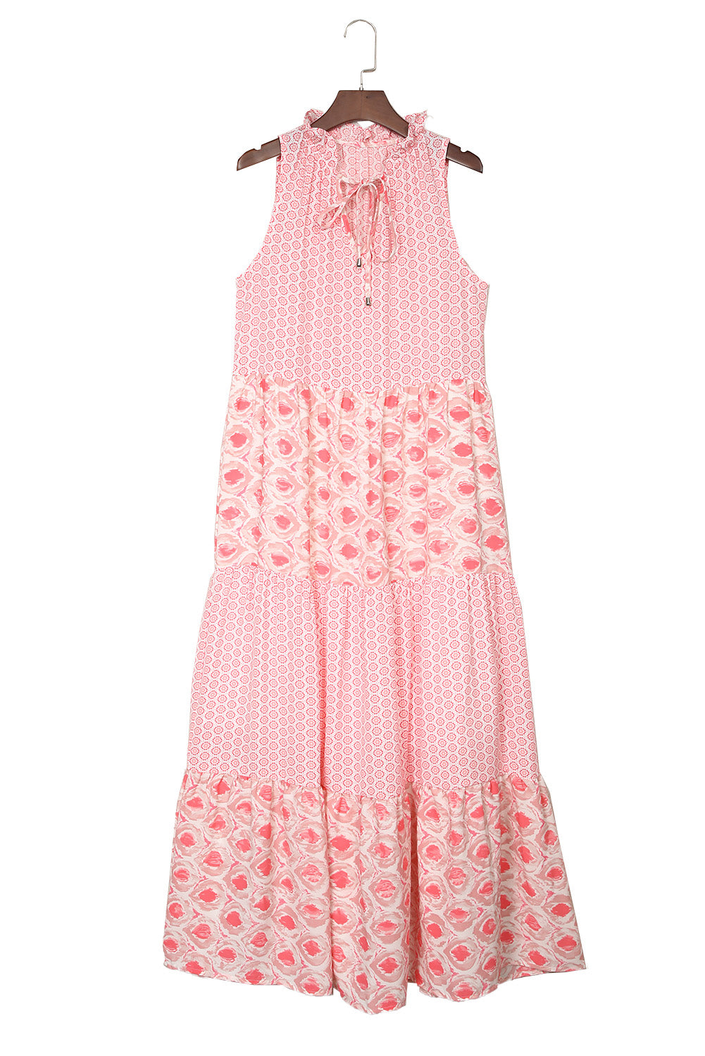 Pink Abstract Print Patchwork Sleeveless V Neck Tiered Dress - Stormyjay