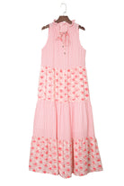 Pink Abstract Print Patchwork Sleeveless V Neck Tiered Dress - Stormyjay