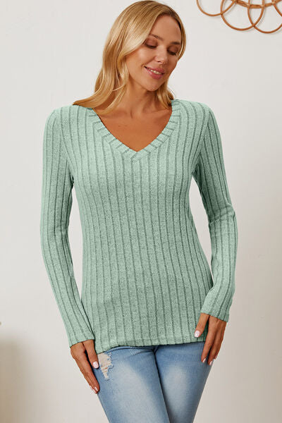 Basic Bae Full Size Ribbed V-Neck Long Sleeve T-Shirt - Stormyjay