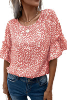 Pink Leopard Print Casual Flounce Sleeve Blouse for Women - Stormyjay