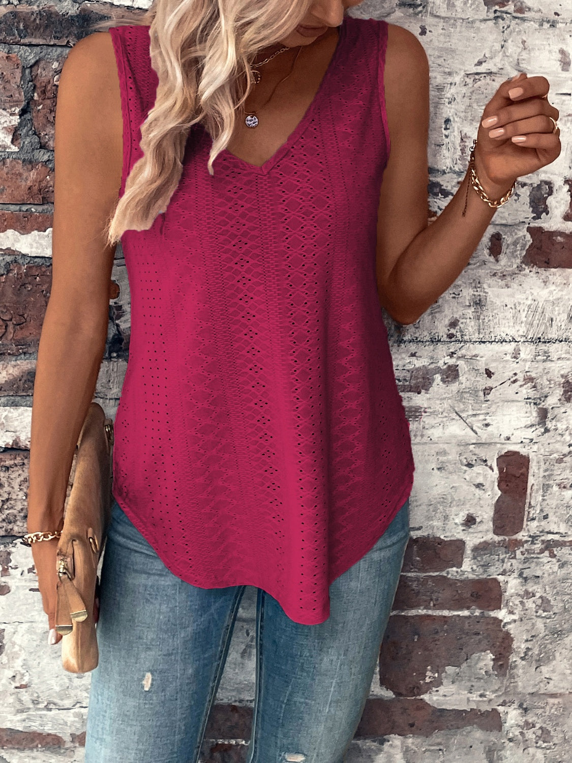 Eyelet V-Neck Wide Strap Tank - Stormyjay