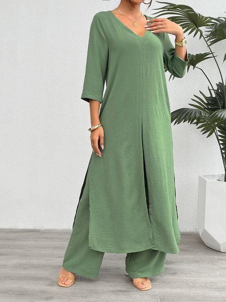 Women's Solid 2-PC Set Long Split Top Wide Leg Pant Suit H8ZF4E3S2Z - Stormyjay