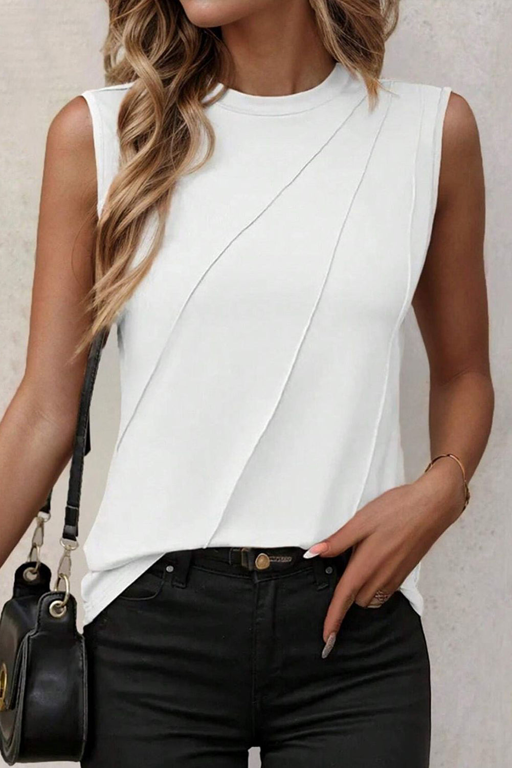 White Solid Color Crew Neck Pleated Tank Top - Stormyjay