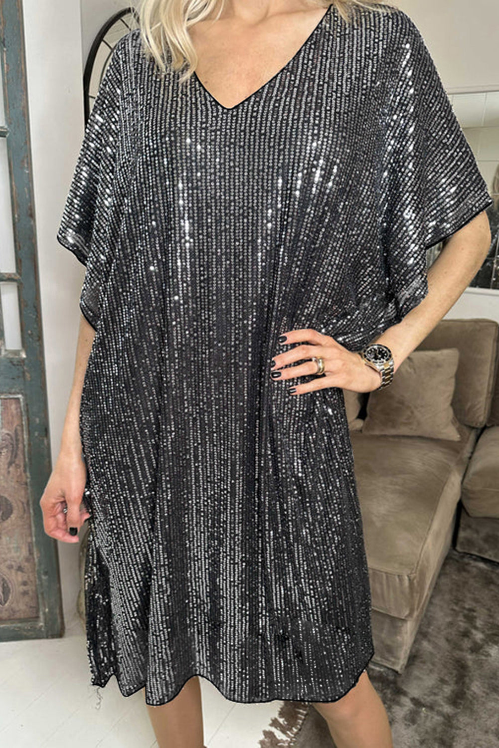 Dark Grey Sequin V Neck Dolman Sleeve Shift Dress - Stormyjay