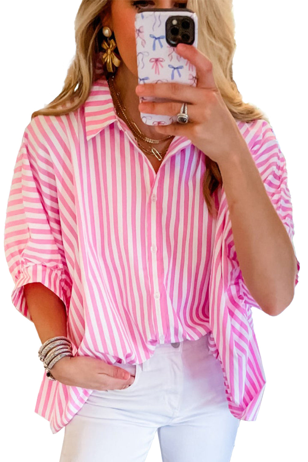 Pink Stripe Button Up Dolman Shirt - Stormyjay